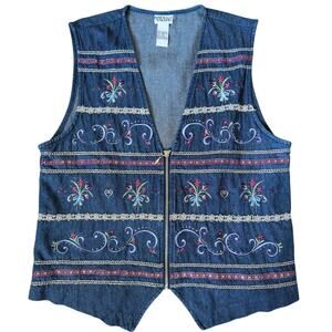Vintage Oversized Embroidered Denim Vest Women Medium Floral Boho Cottagecore